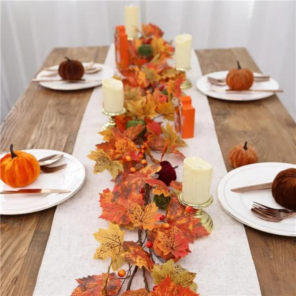 Fall Garland, 6FT Autumn Maple Leaf Velvet Pumpkin/Berry Garland Fall Decor